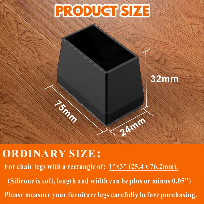 CHWM Rectangle Chair Leg Protectors for Hardwood Floors,16 PCS Silicone Covers to Protect Wood Tile Floors Felt Pads Furniture Leg Caps Reduce Noise. Easy to Move. (Black,1 x 3 Inch,Rectangular) - Image 2